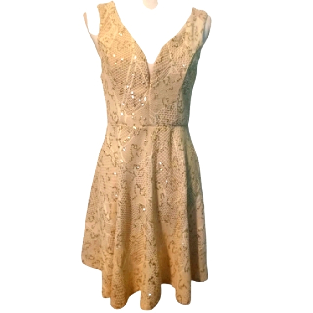 Bailey Blue Ivory with gold sequin sleeveless fit and flare mini dress Large